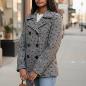 Needle & Thread Black Gray Bow Print Women's Double-Breasted Pea Coat Jacket L